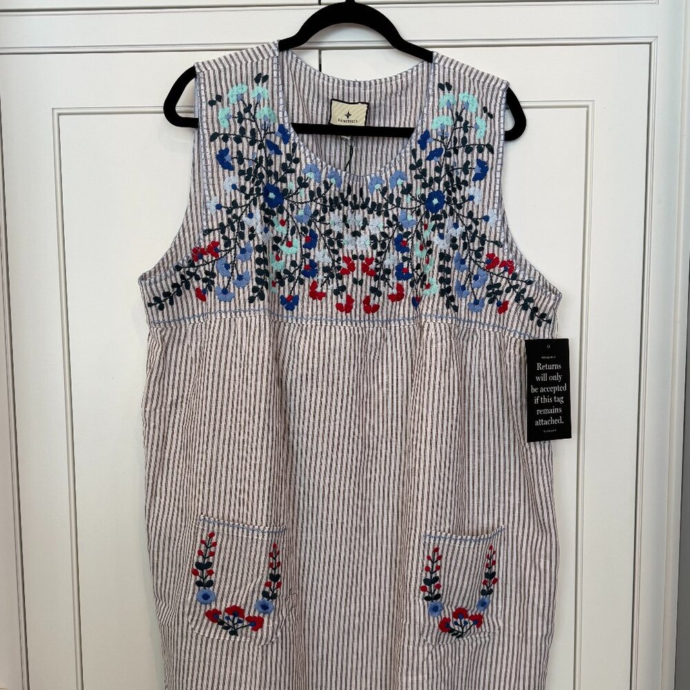 Tuckernuck Sleeveless Tan Stripe Embroidered LInen Shift Mini Dress XXL $168